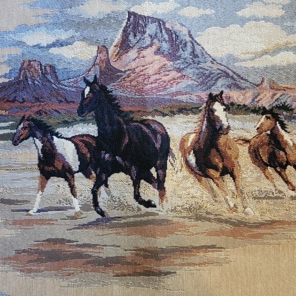 VTG 27x27 Tapestry Fabric Sample LaCrosse Furniture Co Country Horses Running - Picture 3 of 5